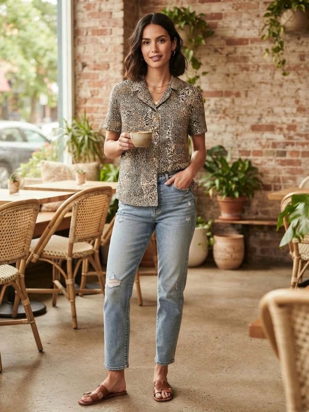 Modern Essentials Animal Print Short-Sleeve Button-Down Shirt Size M